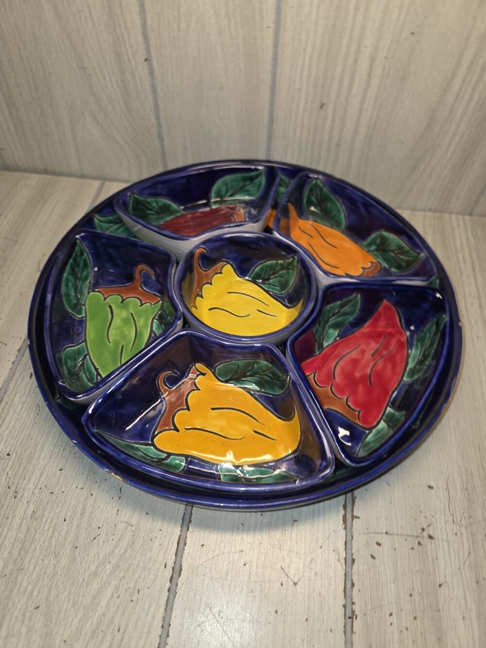Vtg Pottery Talavera Mexico Chip & Dip Platter/Tray 6 Dividers Colorful Floral